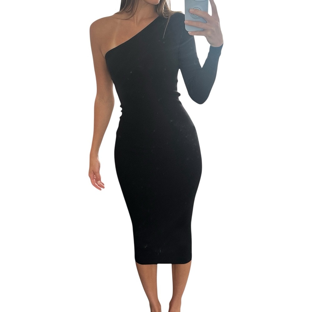 Zara Black Asymmetrical One-Shoulder Midi Dress